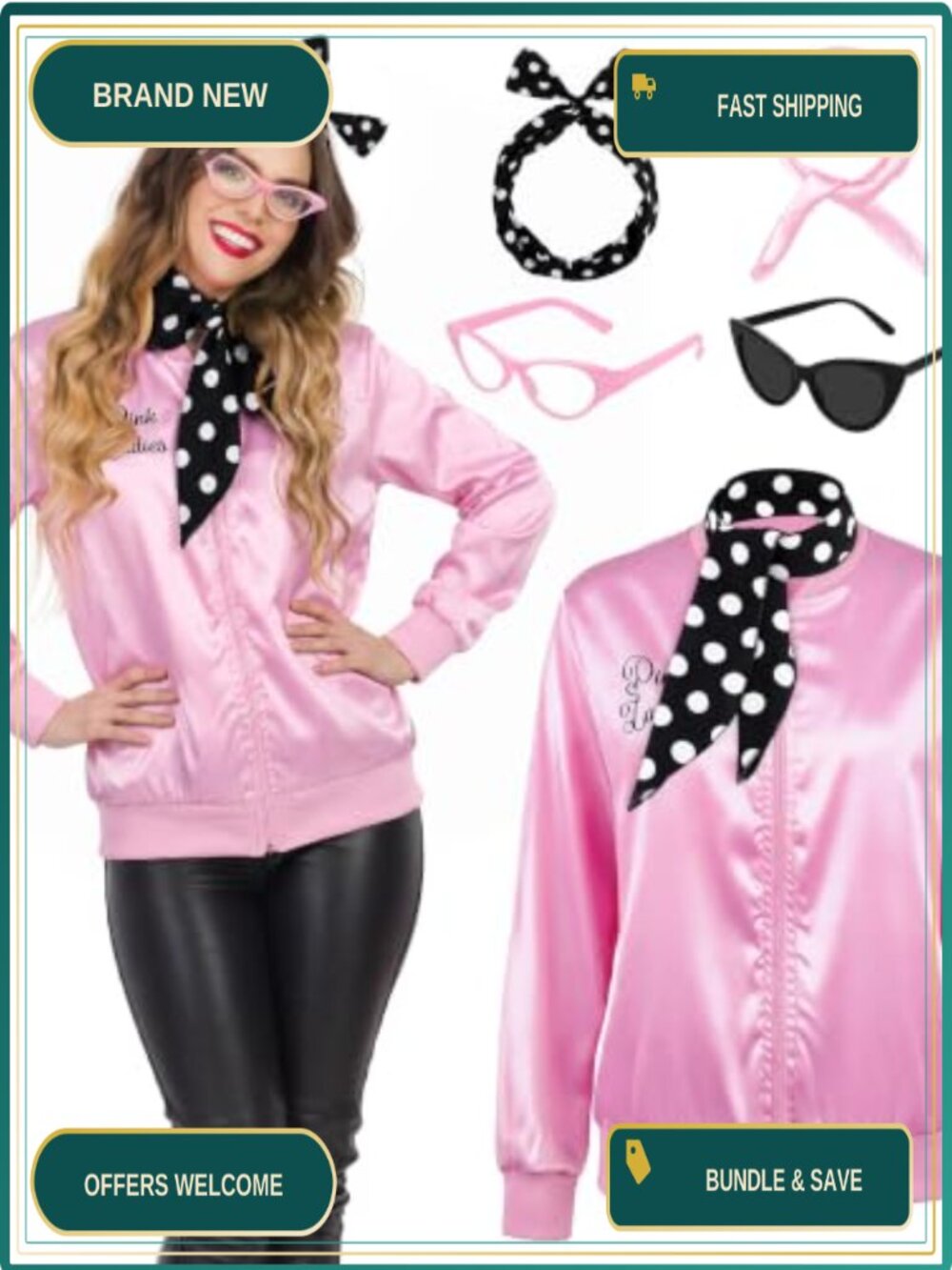 8 PC 1950s Pink Ladies Satin Jacket Costume Set Halloween Cosplay